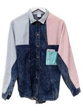 Vintage Traffic Denim Shirt Womens One Size 80s Acid Wash Cottagecore Top